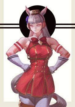 1girl absurdres animal_ears armband blunt_bangs bow bowtie breasts brown_hat closed_mouth dress ear_bow ear_ribbon gloves gold_ship_(red_strife)_(umamusume) gold_ship_(umamusume) grey_hair hat highres horse_ears horse_girl horse_tail long_hair medium_breasts pantyhose pillbox_hat purple_eyes red_bow red_bowtie red_dress sleeveless sleeveless_dress solo striped_armband striped_clothes tail the_antin thigh_strap umamusume white_gloves white_pantyhose