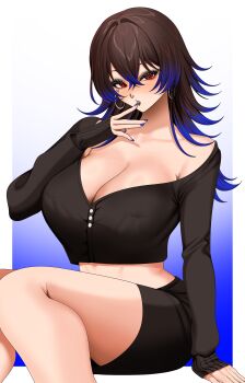 Rule 34 | 1girl, absurdres, black lips, black shirt, blue background, blue hair, blue nails, border, breasts, brown hair, buttons, cleavage, colored tips, commentary request, commission, covered erect nipples, cropped shirt, crossed bangs, earrings, eyelashes, face piercing, facial mark, freckles, gradient background, hair between eyes, heart, heart facial mark, highres, hoop earrings, jewelry, long hair, multicolored hair, nipple piercing, nose piercing, nose ring, original, partial commentary, piercing, red eyes, shirt, skeb commission, sleeves past wrists, solo, white border, ymr yamero