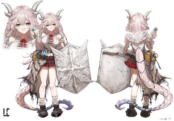 1girl bare_legs black_eyes braid detached_sleeves dragon_tail frilled_sleeves frills from_behind highres horns long_hair looking_at_viewer open_mouth original pppmepl red_ribbon ribbon shield simple_background socks solo standing sweat tail test_tube twin_braids very_long_braid white_background white_socks