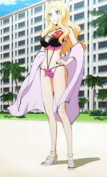 1girl ansatsu_kyoushitsu beach bikini black_choker blonde_hair blue_eyes blue_sky breasts building choker cloud feet female_focus flower frilled_bikini frills frown full_body high_heel_sandals high_heels irina_jelavic large_breasts long_hair micro_bikini nail_polish navel outdoors palm_tree red_flower red_nails sandals screencap sky solo standing swimsuit toenail_polish toenails toes tree white_sandals