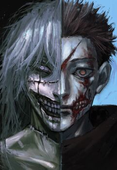 Rule 34 | 2boys, absurdres, blood, blood on face, cheek injury, cuts, evil grin, evil smile, expressionless, grey hair, grin, highres, hood, hood down, hoodie, injury, itadori yuuji, jujutsu kaisen, kyezzzz, lips, long hair, looking at viewer, mahito (jujutsu kaisen), male focus, medium hair, multiple boys, nose, portrait, red hoodie, short hair, smile, split theme, stapled, stapled face, teeth
