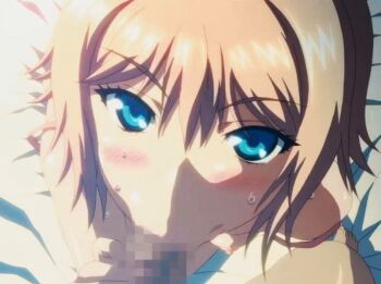 1girl animated animated_gif bad_tag blonde_hair blue_eyes blush breasts censored close-up fellatio helmet indoors interior kamimura_chika looking_at_viewer nipples oral penis pov short_hair sisters_~natsu_no_saigo_no_hi~ small_breasts sweat tank_top