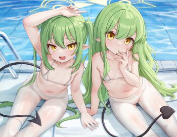 2girls bikini blue_archive comodox demon_tail green_hair halo highres hikari_(blue_archive) large_variant_set loli long_hair multiple_girls navel nozomi_(blue_archive) pantyhose pointy_ears sitting swimsuit tail twintails variant_set yellow_eyes