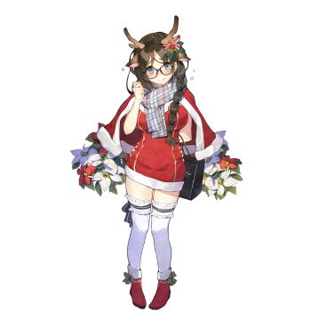 1girl animal_ears black_hairband blue_eyes boots braid breasts brown_hair cloak deer_ears flower glasses hairband kino_books large_breasts long_hair plaid_clothes plaid_scarf red_boots red_cloak santa_costume scarf thighhighs twin_braids uchi_no_hime-sama_ga_ichiban_kawaii white_thighhighs whoisshe