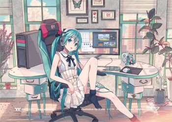 alternate_costume aqua_eyes aqua_hair artist_collaboration black_socks bug butterfly chair chibi city computer computer_tower dress earphones flower green_eyes green_hair hair_between_eyes hatsune_miku indoors insect ixima long_hair looking_at_viewer office_chair plant ribbon sitting skirt socks solo suspender_skirt suspenders swivel_chair tagme twintails very_long_hair vocaloid window_blinds