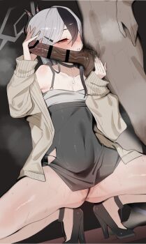 1boy 1girl absurdres bar_censor black_dress black_hair black_horns black_shoes blue_archive blush brown_jacket caressing_testicles censored clothed_female_nude_male covered_navel dress erection from_side glansjob handjob hetero high_heels highres horns jacket kayoko_(blue_archive) kayoko_(dress)_(blue_archive) large_variant_set long_hair long_sleeves male_pubic_hair multicolored_hair nude off_shoulder okurahokori penis pubic_hair red_eyes shoes sleeveless sleeveless_dress solo_focus spread_legs squatting standing testicles textless_version two-tone_hair variant_set veins veiny_penis white_hair