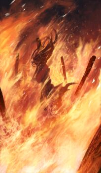 1girl burning burning_at_the_stake commentary fate/grand_order fate_(series) fire jeanne_d'arc_(fate) lasengle official_art orange_theme smoke solo third-party_source