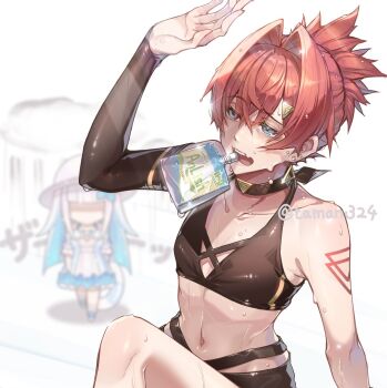 2girls alternate_costume ange_katrina arm_up armpit_crease bare_shoulders bikini black_bikini black_choker black_sleeves blue_eyes blurry blurry_background breasts choker cleavage_cutout clothing_cutout cloud_over_head collarbone commentary_request crossed_bangs detached_sleeves drink_pouch ear_piercing earrings folded_ponytail glint gold_earrings hair_between_eyes hair_intakes hair_ornament half-closed_eyes halterneck highres hot jewelry leg_up lize_helesta lize_helesta_(2nd_costume) long_bangs looking_ahead multiple_girls navel nijisanji open_mouth piercing red_hair shading_eyes shoulder_tattoo single_bare_arm single_sleeve small_breasts solo_focus swimsuit taman324 tattoo teeth translation_request triangle_earrings triangle_hair_ornament twitter_username upper_body upper_teeth_only virtual_youtuber wet wet_hair white_background