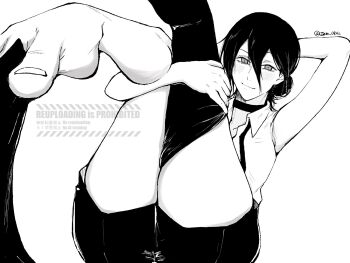 1girl arm_behind_head arm_up between_toes chainsaw_man choker closed_mouth collared_shirt commentary_request feet greyscale hair_between_eyes hair_bun highres holding_with_feet leg_hold looking_at_viewer madaosw medium_hair monochrome neck_ribbon reze_(chainsaw_man) ribbon shirt short_shorts shorts single_thighhigh sleeveless sleeveless_shirt smile solo thighhigh_removed thighhighs twitter_username