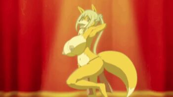 1girl alternate_hairstyle animated animated_gif anime_screenshot blonde_hair bouncing_breasts breasts fairy_tail fairy_tail:_dragon_cry fox fox_girl fox_tail furry furry_female happy huge_breasts leg_up loincloth looking_at_viewer lucy_heartfilia mainkore nipples nude one_eye_closed open_mouth standing standing_on_one_leg tail thick_thighs thighs third-party_edit twintails wide_hips wink