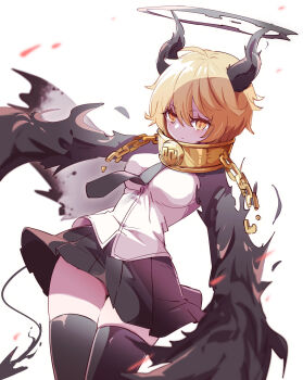 1girl black_claws black_halo black_hands black_horns black_necktie black_skirt black_tail black_thighhighs breasts broken broken_chain cape chain closed_mouth collar colored_extremities commentary_request cowboy_shot demon_tail don_quixote_(project_moon) e.g.o_(project_moon) gold_chain gold_collar hair_between_eyes halo highres horns impossible_clothes impossible_shirt index_(identity)_(project_moon) large_breasts limbus_company long_sleeves looking_at_viewer marbornath metal_collar miniskirt necktie oversized_forearms oversized_limbs pleated_skirt procuration_(e.g.o) project_moon shirt short_hair simple_background skirt solo tail thighhighs white_background white_cape white_shirt yellow_eyes zettai_ryouiki