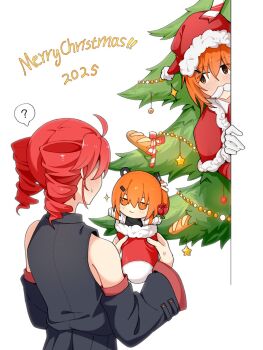 2025 2girls ? a.i._voice adachi_rei baguette bread character_doll christmas_stocking christmas_tree commentary detached_sleeves doll drill_hair food fumo_(doll) grey_shirt hat highres holding kasane_teto kasane_teto_(utau) merry_christmas multiple_girls orange_hair peeking_out red_hair santa_costume santa_hat shirt sleeveless sleeveless_shirt spoken_question_mark symbol-only_commentary torana twin_drills utau yi_xing_luren