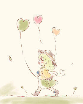 1girl absurdres balloon black_hat boots brown_boots buttons chibi chibi_only commentary_request diamond_button eyeball frilled_sleeves frills full_body green_hair green_skirt hat hat_ribbon heart heart_balloon heart_of_string highres iris-san komeiji_koishi looking_up pastel_colors ribbon shirt simple_background skirt solo sun_hat third_eye touhou walking white_background yellow_ribbon yellow_shirt