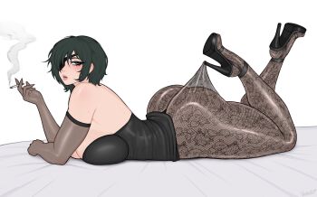 1girl black_shoes breasts chainsaw_man cigarette elbow_gloves eyepatch floral_print_pantyhose full_body gloves green_eyes green_hair hair_over_one_eye high-waist_pantyhose high_heels highres himeno_(chainsaw_man) holding holding_cigarette hooked_on_heel lace_pantyhose lace_pantyhose_hooked_on_heel_(meme) large_breasts looking_at_viewer lying meme on_bed on_stomach one_eye_covered open-toe_shoes pantyhose pantyhose_tug parted_lips shoes short_hair sideboob solo sweat the_pose vo1ette white_background