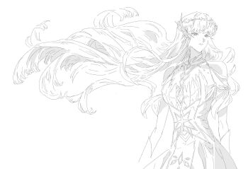 1girl bare_shoulders character_request circlet closed_mouth clothing_cutout copyright_request corset cowboy_shot expressionless eyelashes feather-trimmed_dress fins floating_hair gloves greyscale head_fins highres long_hair long_sidelocks looking_to_the_side monochrome shoulder_cutout sidelocks simple_background solo standing tansuyuli very_long_hair wavy_hair white_background