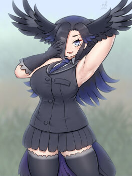 1girl alternate_breast_size_(larger) armpits bare_shoulders bird_girl bird_tail bird_wings black_hair black_vest blue_eyes blush breasts carrion_crow_(kemono_friends) commentary_request feathered_wings gloves gradient_legwear grey_thighhighs hair_over_one_eye head_wings highres kemono_friends kemono_friends_3 large_breasts long_hair looking_at_viewer mo23 necktie purple_necktie skirt sleeveless sleeveless_jacket solo tail thighhighs vest wings
