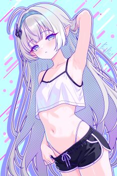 1girl absurdres ahoge arm_behind_head armpits bare_shoulders black_shorts blue_hairband blush breasts commentary cropped_shirt english_commentary female_tyrant_(stella_sora) finn_flint hairband highleg highleg_panties highres looking_at_viewer navel panties pointy_ears shirt short_shorts shorts sleeveless sleeveless_shirt small_breasts solo spaghetti_strap stella_sora tyrant_(stella_sora) underwear white_panties white_shirt