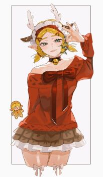 1boy 1girl animal_costume arisu_art bare_shoulders bell blonde_hair breasts brown_skirt commentary cowboy_shot cropped_legs english_commentary fake_antlers gingerbread_man green_eyes holding holding_mistletoe link low_twintails medium_breasts mistletoe neck_bell nintendo off-shoulder_sweater off_shoulder parted_bangs poi princess_zelda red_sweater reindeer_costume short_hair short_twintails sidelocks skirt sweater the_legend_of_zelda the_legend_of_zelda:_breath_of_the_wild the_legend_of_zelda:_tears_of_the_kingdom tongue tongue_out twintails white_background