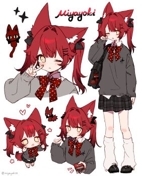 +_+ 1girl absurdres animal_ear_fluff animal_ears bag black_bag black_bow black_shoes black_skirt blush bow bowtie character_name chibi closed_mouth collared_shirt cropped_torso food fox_ears full_body grey_sweater hair_bow hair_ornament hairclip hand_up heart highres holding holding_food loafers long_hair long_sleeves looking_at_viewer loose_socks miyayoki multiple_views notice_lines one_eye_closed open_mouth original plaid_clothes plaid_skirt pleated_skirt pocky polka_dot polka_dot_bow puffy_long_sleeves puffy_sleeves red_bow red_bowtie red_hair rubbing_eyes school_bag school_uniform shirt shoes shoulder_bag simple_background skirt sleeves_past_wrists socks standing sweater symbol-shaped_pupils tail twintails twitter_username v v_over_eye white_background white_shirt white_socks x_hair_ornament yellow_eyes