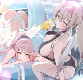 2girls :q ass bikini black_one-piece_swimsuit blue_archive breasts brown_eyes butt_crack casual_one-piece_swimsuit closed_mouth commentary_request cup doodle_sensei_(blue_archive) drinking_straw eyewear_on_head feathered_wings frilled_bikini frills grey_hair halo highres holding holding_cup houraku large_breasts long_hair looking_at_viewer low_wings mika_(blue_archive) mika_(swimsuit)_(blue_archive) multiple_girls nagisa_(blue_archive) nagisa_(swimsuit)_(blue_archive) official_alternate_costume one-piece_swimsuit pink-tinted_eyewear pink_hair ponytail pool poolside purple_halo sensei_(blue_archive) sitting sunglasses swimsuit textless_version tinted_eyewear tongue tongue_out white_bikini white_wings wings yellow_eyes