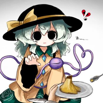 1girl 1other black_eyes black_hat bow broken_heart buttons cowboy_shot diamond_button floral_print floral_print_skirt food frilled_shirt_collar frilled_sleeves frills gradient_background green_hair green_skirt hat hat_bow heart heripantomorrow holding holding_plate komeiji_koishi medium_hair parted_lips plate pov pov_hands print_skirt pudding reaching rose_print shirt skirt tearing_up third_eye touhou translation_request yellow_bow yellow_shirt