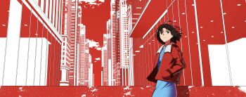 1girl absurdres black_eyes black_hair blue_kimono building closed_mouth commentary floating_hair fur-trimmed_jacket fur_trim hachihachi0210 hands_in_pockets highres jacket japanese_clothes kara_no_kyoukai kimono open_clothes open_jacket red_background red_jacket ryougi_shiki short_hair skyscraper symbol-only_commentary two-tone_background white_background