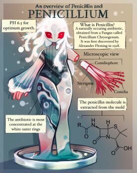 Rule 34 | 1girl, colored skin, commentary, cross-section, educational, english commentary, english text, feefal, full body, fungi, funguary, highres, long hair, mold, monster girl, original, personification, red eyes, severed limb, solo, white hair