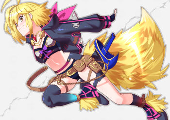Rule 34 | 1girl, ahoge, asymmetrical legwear, belt, black socks, black thighhighs, blonde hair, chaps, chest jewel, closed mouth, commentary request, fingerless gloves, flat chest, fox tail, full body, gloves, highres, jacket, kai-ri-sei million arthur, looking at viewer, midriff, million arthur (series), navel, pouch, sheath, sheathed, short hair, single thighhigh, smile, snk heroines: tag team frenzy, socks, solo, tail, thighhighs, toku sonchou, touzoku arthur, uneven legwear, weapon, white background