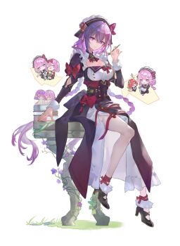 3girls alternate_costume black_dress black_shoes breasts bright_pupils castorice_(honkai:_star_rail) closed_mouth commentary_request dress full_body hair_between_eyes hand_up high_heels highres honkai:_star_rail honkai_(series) long_hair long_sleeves looking_at_viewer multiple_girls pointy_ears pollux_(honkai:_star_rail) purple_eyes purple_hair shoes simple_background sitting smile thighhighs trianne_(honkai:_star_rail) uli_(bredkgod) very_long_hair white_background white_pupils white_thighhighs