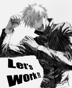 1boy arms_up closed_eyes collared_jacket commentary_request cowboy_shot english_text flexing gojou_satoru grey_background greyscale highres jacket jujutsu_kaisen jujutsu_tech_uniform kuwoniagyu11112 long_sleeves male_focus monochrome open_mouth round_teeth short_hair smile solo spiked_hair teeth white_background