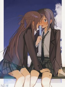 Rule 34 | 2girls, black hair, braid, brown hair, commentary request, food, grey jacket, grey necktie, grey skirt, haidao mao, half up braid, highres, holding, holding food, holding popsicle, jacket, long hair, medium hair, miyagi shiori, multiple girls, necktie, popsicle, school uniform, sendai hazuki, shirt, shuuniichido classmate wo kau hanashi, skirt, white shirt, yuri