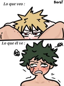 bakudeku bakugou_katsuki barbi bite_mark blonde_hair blysh boku_no_hero_academia curly_hair freckles green_hair legs midoriya_izuku oral red_eyes scar sex spiked_hair sweat yaoi