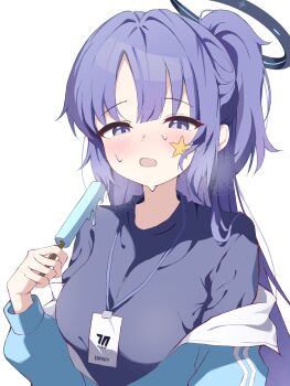 1girl blue_archive blue_jacket blue_shirt blush breasts cardcat_00 commentary food hair_behind_ear halo highres holding holding_food holding_ice_cream ice_cream id_card jacket jacket_partially_removed looking_at_food mechanical_halo millennium_science_school_logo open_mouth ponytail purple_eyes purple_hair shirt sportswear star_(symbol) star_sticker sticker sticker_on_face sweat t-shirt white_background yuuka_(blue_archive) yuuka_(track)_(blue_archive)