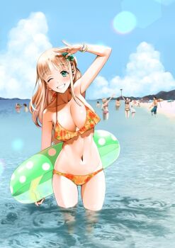 1girl :d arm_up bikini blue_sky blush breasts brown_hair chiarashi_mahina cloud commentary_request crowd cumulonimbus_cloud day faceless ghost green_eyes hands_up holding innertube large_breasts long_hair nagashii_kouhei navel ocean one_eye_closed open_mouth outdoors people scary_campus_college_university sky smile solo standing swim_ring swimsuit wading yellow_bikini