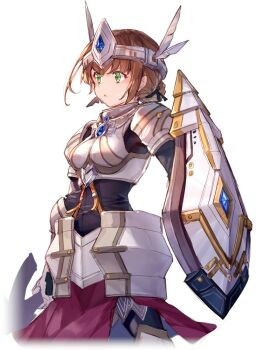 1girl :< achan_(blue_semi) armor armored_boots black_bodysuit bodysuit boots breastplate breasts brown_hair circlet closed_mouth commentary cowboy_shot duvalie eiyuu_densetsu falcom feathers gem green_eyes hair_bun hajimari_no_kiseki holding holding_shield holding_sword holding_weapon knight medium_breasts sen_no_kiseki_(series) sen_no_kiseki_i shield short_hair shoulder_armor simple_background single_hair_bun solo sword weapon white_background