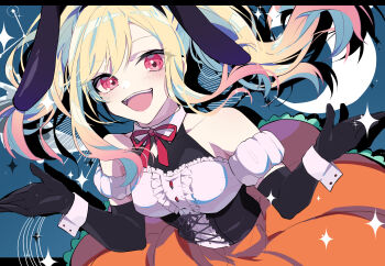 1girl absurdres animal_ear_hairband animal_ears black_gloves blonde_hair blue_background commentary_request dress elbow_gloves fake_animal_ears gloves gradient_hair hairband highres long_hair looking_at_viewer lop_rabbit_ears multicolored_hair nekoma_hikaru open_mouth project_sekai rabbit_ear_hairband rabbit_ears red_eyes red_ribbon ribbon solo sparkle tenma_saki wrist_cuffs