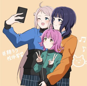 3girls 89ru0 ;d ahoge asaka_karin beamed_eighth_notes blue_eyes blue_jacket blue_skirt blunt_bangs blunt_ends closed_mouth commentary_request cowboy_shot double_v eighth_note expressionless green_jacket hashtag highres jacket kishimen_hair long_sleeves love_live! love_live!_nijigasaki_high_school_idol_club medium_hair miniskirt mole mole_under_eye multiple_girls musical_note nijigasaki_track_jacket one_eye_closed open_mouth orange_background orange_jacket pink_hair pleated_skirt purple_hair selfie simple_background skirt smile split_mouth tennoji_rina track_jacket translation_request two_side_up upper_body v zhong_lanzhu