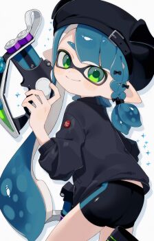 Rule 34 | 1girl, asymmetrical hair, bike shorts, black hat, black jacket, black shorts, blue hair, closed mouth, dual wielding, green eyes, green pupils, hat, highres, holding, inkling, inkling girl, inkling player character, jacket, long hair, looking at viewer, looking back, nintendo, pointy ears, sabata saba, shorts, smile, solo, splatoon (series), splatoon 3, tentacle hair, tetra dualies (splatoon), very long hair, white background