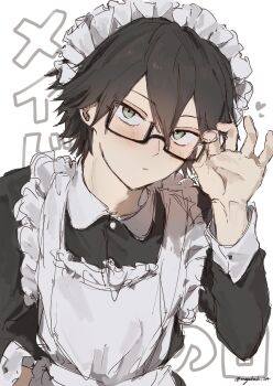 1boy adjusting_eyewear alternate_costume apron black-framed_eyewear black_dress black_hair blush bungou_stray_dogs closed_mouth collared_dress commentary_request crossdressing crossdressing_(mtf) dress edogawa_ranpo_(bungou_stray_dogs) enmaided expressionless frilled_apron frills glasses green_eyes hair_between_eyes hand_up heart highres long_sleeves looking_at_viewer maid maid_apron maid_day maid_headdress male_focus male_maid mayukado_164 semi-rimless_eyewear short_hair simple_background solo text_background twitter_username under-rim_eyewear upper_body white_apron white_background