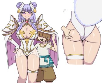 1boy 1girl age_difference armor bite_mark bite_mark_on_breast blush breasts brown_hair cape cleavage double_bun grabbing_another&#039;s_ass groping hair_bun hair_ornament hand_on_another&#039;s_shoulder hand_on_own_hip hickey highleg highres karei_(otachi18) large_breasts leotard lipstick_mark onee-shota palamena_(visions_of_mana) purple_cape purple_eyes purple_hair see-through_clothes see-through_skirt seiken_densetsu shota shoulder_armor showgirl_skirt skirt tagme thigh_strap thighs visions_of_mana wing_hair_ornament