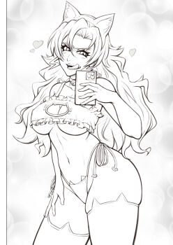 1girl animal_ear_hairband animal_ear_legwear animal_ears bell bleach bleach:_sennen_kessen-hen breasts candice_catnipp cat_ear_hairband cat_ear_legwear cat_ear_panties cat_ears clothing_cutout fake_animal_ears hairband heart highres holding holding_phone large_breasts long_hair mistowing monochrome navel panties phone selfie solo sternritter tongue tongue_out underwear