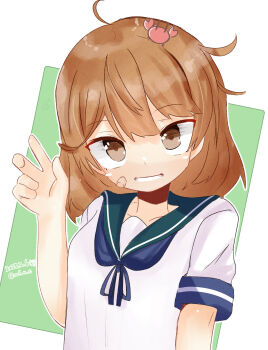 1girl ahoge bandaid bandaid_on_face blue_neckerchief blue_sailor_collar brown_eyes brown_hair crab crab_on_head curled_fingers grin highres kantai_collection mf_u_c neckerchief oboro_(kancolle) one-hour_drawing_challenge sailor_collar sailor_shirt shirt short_sleeves smile two-tone_background upper_body white_shirt