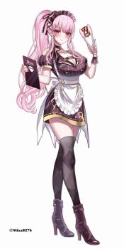 1girl apron black_thighhighs blush boots breasts brown_boots cleavage clipboard closed_mouth commentary english_commentary full_body high_heel_boots high_heels high_ponytail highres holding holding_clipboard hololive hololive_english large_breasts long_hair looking_at_viewer miza8276 mori_calliope pink_hair ponytail short_sleeves simple_background smile solo standing thighhighs twitter_username very_long_hair virtual_youtuber white_apron white_background zettai_ryouiki