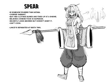 Rule 34 | 1girl, absurdres, bandaged leg, bandages, bare shoulders, blue pupils, character name, character profile, chinese clothes, commentary, detached sleeves, earclacks, english commentary, english text, greyscale, hair ornament, hair stick, highres, holding, holding polearm, holding weapon, long hair, monochrome, polearm, puffy pants, sakanaflyer, serious, sleeveless, solo, spear, spear (earclacks), spot color, standing, weapon
