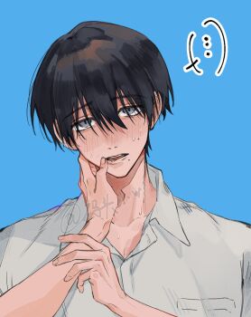 ... 2boys artist_name black_hair blue_background blush collared_shirt finger_to_another&#039;s_mouth grey_eyes hair_between_eyes hashtag-only_commentary highres hikaru_ga_shinda_natsu indou_hikaru male_focus meiko623 mole mole_on_cheek mole_on_lips mole_under_eye mole_under_mouth multiple_boys multiple_moles out_of_frame pocket shirt short_hair simple_background slit_pupils solo_focus spoken_ellipsis tsujinaka_yoshiki upper_body white_shirt yaoi