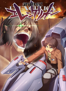 1boy a.one angry athrun1120 belt black_hair boots brown_hair driving dual_persona eren_yeager giant giant_monster glowing glowing_eye green_eyes jacket kaiju mecha monster neon_genesis_evangelion open_mouth parody piloting pointy_ears robot rogue_titan shingeki_no_kyojin short_hair titan_(shingeki_no_kyojin) wall