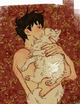 1boy absurdres animal animal_hug black_hair cat cowboy_shot crossover half-closed_eyes highres holding holding_animal kim_dokja lying male_focus no_i'm_not_a_human omniscient_reader's_viewpoint on_back short_hair topless_male vacation_town white_cat