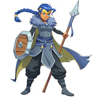 1girl absurdres baggy_pants black_pants blue_cape blue_eyes blue_hair boots braid braided_ponytail cape clash_of_clans dark-skinned_female dark_skin full_body fur_collar grey_boots highres holding holding_polearm holding_shield holding_weapon long_hair looking_at_viewer non-web_source official_art pants polearm ponytail royal_champion shield simple_background solo spear transparent_background weapon