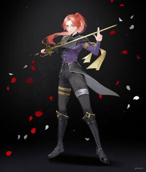 1girl absurdres black_background black_boots black_pants boots clair_obscur:_expedition_33 commentary english_commentary falling_petals freckles full_body grey_eyes high_ponytail highres holding holding_sword holding_weapon long_hair looking_at_viewer maelle_(clair_obscur:_expedition_33) pants petals ponytail red_hair red_petals solo sword tk_(tksnim) weapon white_petals