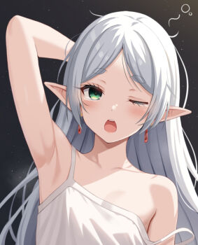 1girl ;o arm_behind_head arm_up armpits blush camisole collarbone commentary_request earrings elf frieren frozenpile green_hair grey_hair jewelry long_hair looking_at_viewer one_eye_closed parted_bangs pointy_ears sleepy solo sousou_no_frieren squeans straight_hair strap_slip teardrop_earrings tears teeth thick_eyebrows upper_body upper_teeth_only very_long_hair white_camisole